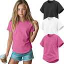 3 Pack Girls' Short Sleeve T-Shirts Loose Fit Crew Neck Tops Raglan Curve Hem Shirts Casual Kids Basic Tees 5-14Y