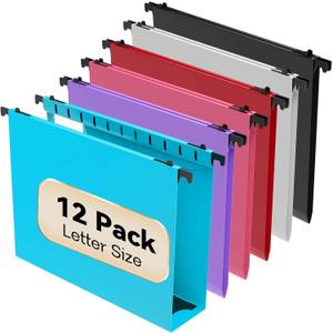 Nordun Extra Capacity Plastic Hanging File Folder Letter Size,12 Pack Reinforced Hang Folders with Heavy Duty 2 Inch Expansion, Durable Hanging Organizer Designed for Bulky Files, Assorted Colors