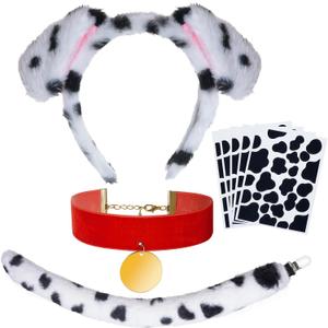 Halloween Dalmatian Costume Set Puppy Dog Ear Headband and Tail Velvet Choker Stickers for 100 Days of School Dress Up, Style 1