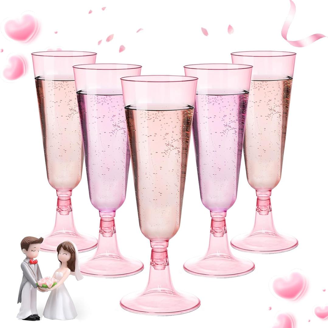 GuanQiao 40 Pack Pink Plastic Champagne Flutes, 5.5 Oz Clear Disposable Plastic Champagne Glasses, Glasses Cups for Valentines Wedding Celebration Birthday Party New Years Eve Supplies