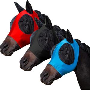FOXLVDA 3 Pcs Horse Fly Mask - Fly Masks for Horses with Ears, Fashionable and Breathable Stretch Fabric with UV & Sun Protection for Average Size Horse (Blue-Black-Red) (Large (For 14.2-16.2 hand horse))