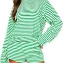 RUEWEY Women Striped Pajamas Set Crewneck Long Sleeve Loose Top Shorts Two Piece Lounge Sets (Large, Green)
