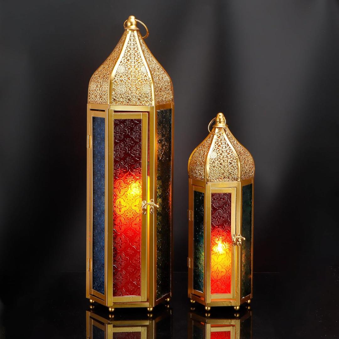 TRIROCKS Set of 2 Moroccan Candle Lanterns 22.5''&15'' H Decorative Candle Holder Hanging Lanterns with Embossed Colored Tempered Glass Ramadan Decorations for Home Outdoor Indoor Patio Weddings (Gold)