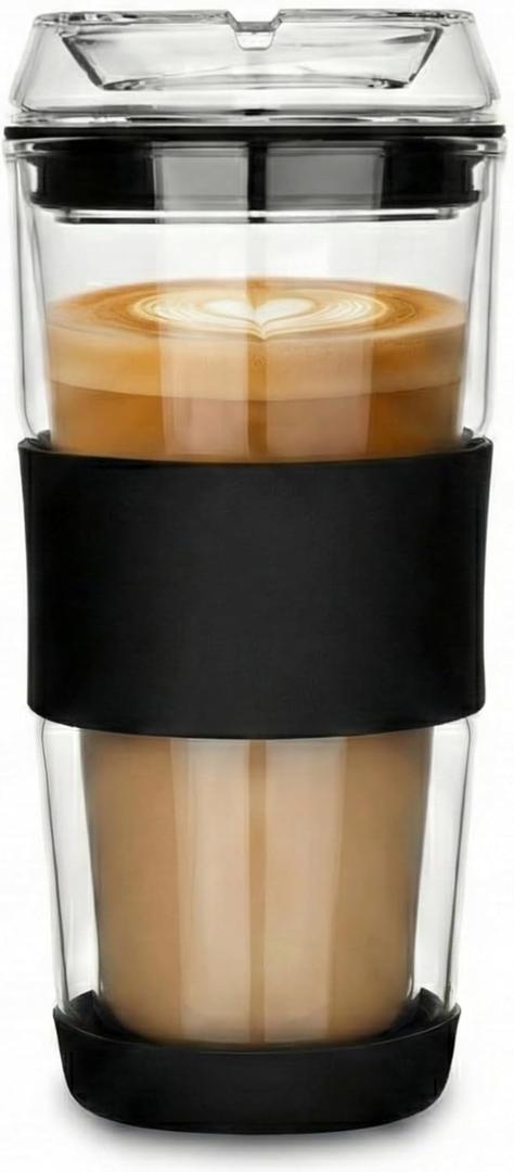 14oz Double Walled Glass Coffee Tumbler with Full Glass Lid & Silicone Sleeve - Non-Slip Insulated Travel Mug with Protective Bottom Bumper - 100% Plastic-Free
