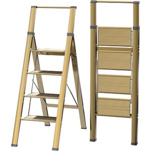 flygeneral 4 Step Ladder, Gold Aluminum Folding Ladder Stool, Wider Upgraded Non-Slip Treads, Portable Lightweight Ladder for Home and Kitchen, Holds up to 330 Lbs.