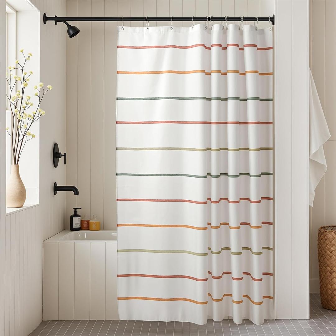 Kids Boho Shower Curtain Set with Hooks, Minimalist Hand-Drawn Soft Pastel Stripes in Warm Earth Tones, Waterproof Fabric Shower Curtain for Modern Farmhouse Bathroom, 72" x 72"