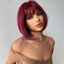 Red Bob Wig With Bangs Short red Wig for Women 12 Inch Straight Bob wig with Bangs Synthetic Colorful Cosplay Daily Party Use (Wine red,12IN)