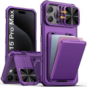 SSLOTSCASE for iPhone 15 Pro Max Case with Card Holder & Sliding Camera Lens Cover & Hidden Kickstand & Camera Stand & Wallet, Silicone Edge Durable Protective Case for iPhone 15 Pro Max, Dark Purple