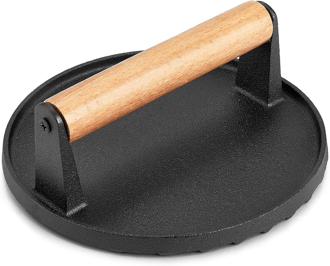 HaSteeL Single Cast Iron Grill Press, Heavy Duty 7In Bacon Burger Press with Wooden Handle, Pre-Seasoned Steak Press Great for Flat Top Griddle Teppanyaki BBQ Grilling Cooking Indoor & Outdoor