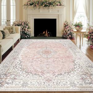Brakki Pink Washable 8x10 Area Rugs for Living Room Clearance Office | Non Slip, Vintage Boho Rug, Stain Resistant, Soft Low Pile Floor Carpet Indoor, for Bedroom Dining Room