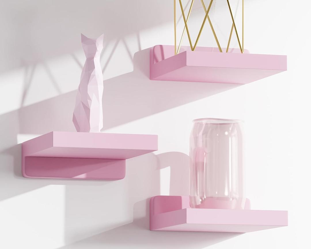Small Floating Shelves Mini Shelves Hanging Display 5 Inch Wall Shelf for Bathroom Livingroom Bedroom,3 Pack, with 2 Types of Installation, Great for Room Decor (Pink)