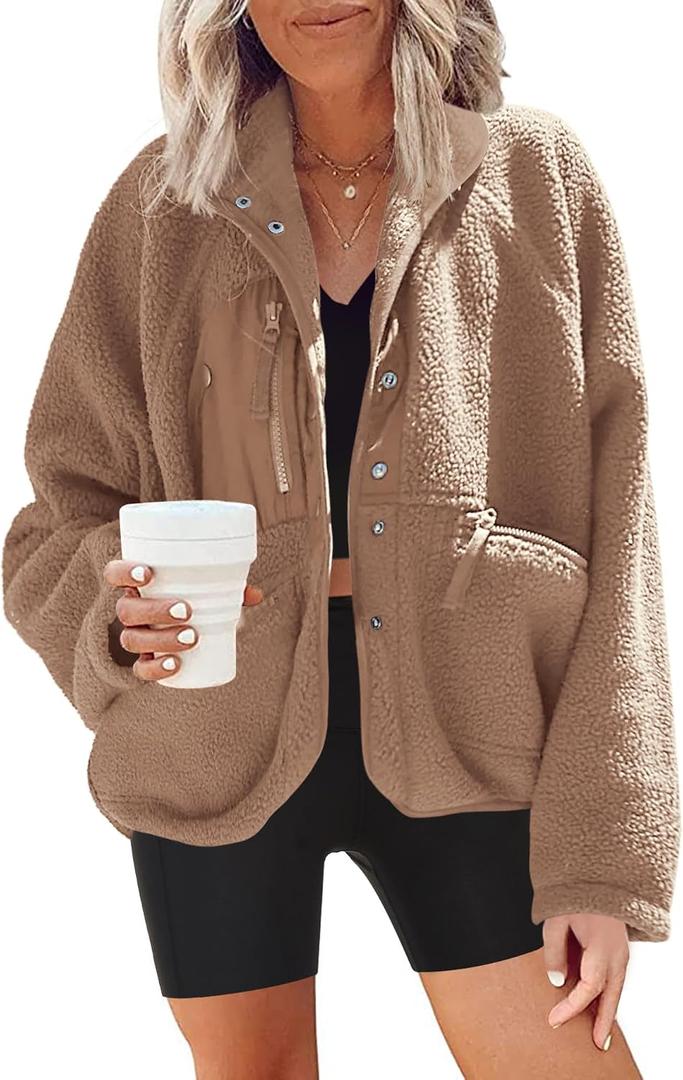 Nirovien Womens Fuzzy Fleece Jacket Button Down Sherpa Coats Casual Winter Warm Outwear with Pockets(Coffee Brown, S)