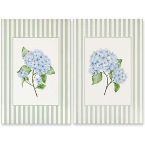 Green Striped Blue Hydrangea Wall Art Set French Country Floral Canvas Prints Vintage Grandmillenial Home Decor Botanical Poster Flower Picture Painting for Bedroom Kitchen 8x12inch Unframed (8L'' x 12W'', style-3 Unframed)