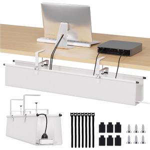 Under Desk Cable Management Tray - 36" Cord Organizer for Desk No Drill, Fabric Under Table Wire Organizer with 16X Cable Ties Hide for Office/Home, Cord Hider Fits Adapters & Sockets, White