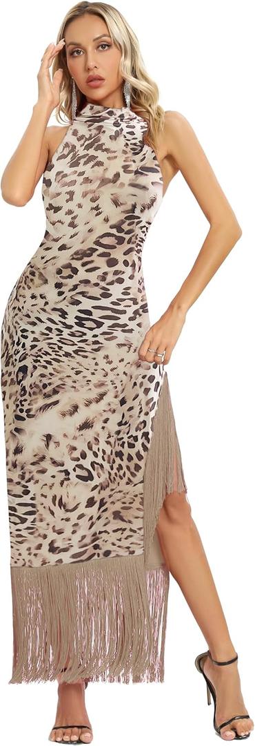 Women Gatsby Vintage Flapper Maxi Dress Halter Tassel Hem Gowns with Slit (S)