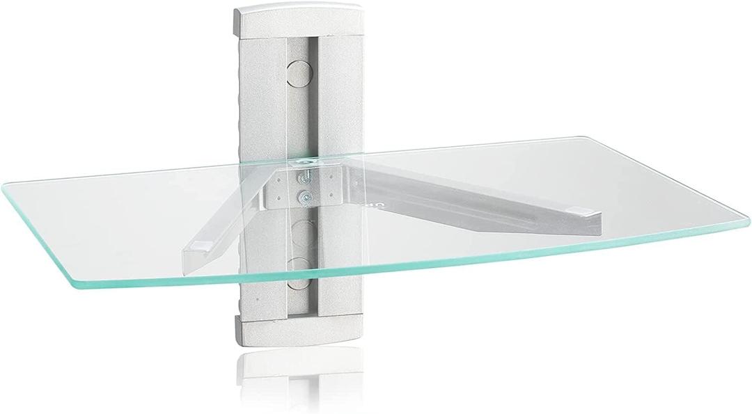 suptek Glass Floating Shelves, TV Wall Mount with Shelf for DVD Player / PS4 / Cable Boxes/Game Consoles/Sky Box/TV Accessories, Media Shelf, Flat Wall Mount Bracket, 1 Tier Shelf, Silver