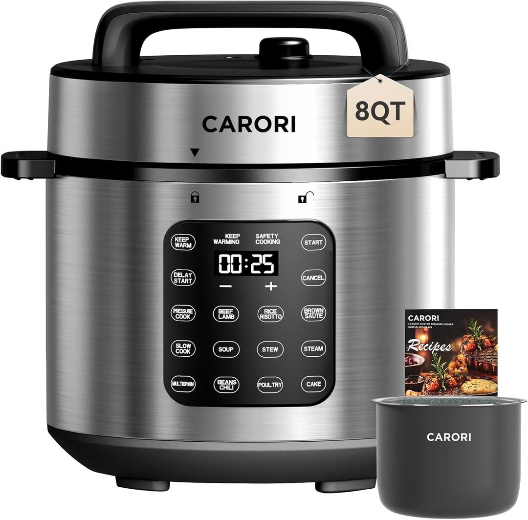 CARORI 9-in-1 Electric Pressure Cooker, 1000W Instant Multi-Cooker with IMD Touchscreen, Olla de Presion, Non-Stick Pot, Rice Cook, Slow Cook, Steamer, Saut, Warmer, Safe Venting, Silver 8 Qt