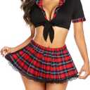 ADOME Lingerie for Women Sexy Schoolgirl Costume 0utfit Lingerie Set Lace Student Cosplay Roleplay with Top and Mini Skirt (Medium, Dark Red)