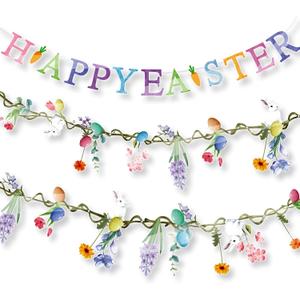 Frienda 3 Pcs Happy Easter Banner Easter Garlands Decoration PVC Bunny Tulip Wildflower Garlands Pastel Floral Banners Decor for Mantle Spring Egg Hunting Supplies Home Decor