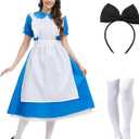 Women Blue Princess Dress Adult Halloween Costume with bow headband and stockings Fairytale Party Costume (X-Small)