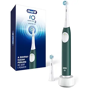 Oral-B Rechargeable Electric Toothbrush, iO2 Starter Kit, 3 Cleaning Modes, Automatic Pressure Sensor to Protect Gums, 2 Brush Heads, Forest Green