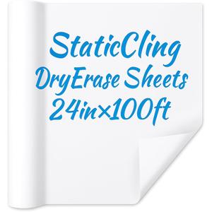 24in x 100ft Static Cling White Board Dry Erase Wallpaper Sticker, Removable Reusable Whiteboard Paper for Wall, No Adhesive No Residue, Stain-Proof White Board Dry Erase Roll for Office, Classroom