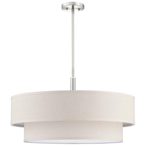 SEENMING HOUSE 5 Light 24 Inch Cream Fabric Shade Hanging Pendant Ceiling Light Fixture,Adjustable Rod Semi Flush Mount Light Brushed Nickel Finish for Bedroom,Living Room,Dining Room Hallway