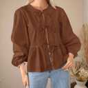 PRETTYGARDEN Women's Spring Fall Babydoll Peplum Blouse Shirt Puff Long Sleeve Bow Tie Front Trendy Cute Y2K Going Out Tops (Brown, L)
