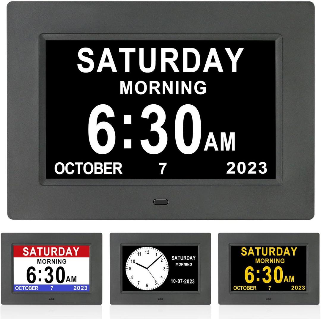 Dementia Clock for Seniors Digital Clock Large Display with Day & Date-12Alarms 3 Colors Display for Elderly with Memory Loss, Alzheimer's, Vision Impaired (7'' Black)