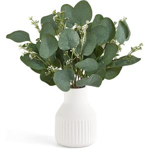 Dahey Artificial Eucalyptus Stems in Small Ceramic Vase Centerpiece Table Decorations Modern Farmhouse Decor Fake Eucalyptus Plants with Vase for Bathroom Kitchen Shelf Living Room Home Decor, White