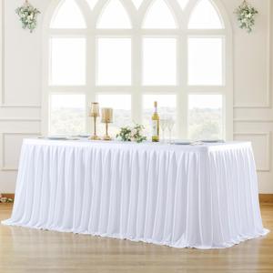 PARTISKY White Polyester Table cloth for Rectangle Tables 6f, Wrinkle Resistant Pleated Ruffle Table Cloth for Birthday Party Banquet Wedding Baby Shower