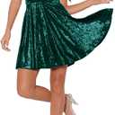 R.Vivimos Women's Crushed Velvet Spaghetti Straps Sexy V Neck Club Party Pleated Swing Skater Dress (Green, S)