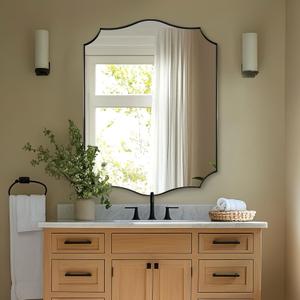 ANDY STAR 30x40 Inch Matte Black Mirror, Large Asymmetrical Wall Mirror in Premium Stainless Steel Metal Thin Frame Deep 1, Modern Rectangle Mirror with Unique Wavy Design Ideal for Home Decor