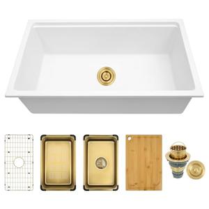 MONSINTA 31 Inch Kitchen Sink, 31" x 18" x 9" Single Bowl Undermount White Kitchen Sink With Workstation, 31" x 18" Deep and Large Granite Composite Quartz Kitchens Sinks With Gold Accessories