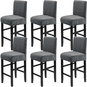 Crystal Velvet Bar Stool Covers with Backs, Soft Stretch Bar Chair Covers Set of 6 with Elastic Band Washable Counter Height Chair Slipcover for Pub Cafe Kitchen Room (Dark Grey, 6 PCS)