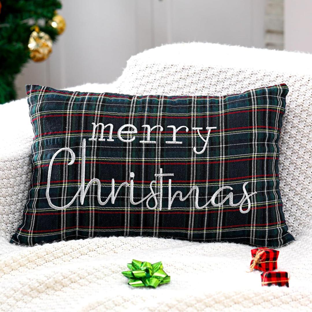 Preboun Tartan Christmas Pillow Cover 12 x 20 Inch Embroidered Merry Christmas Throw Pillow Cover Scottish Tartan Pillows Cases Home Decor Vintage Plaid Cushion Covers for Farmhouse Couch Sofa(Green)