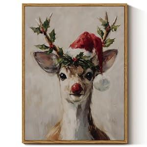 InSimSea Christmas Decor Framed Wall Art, Elk wearing a Santa hat Canvas Painting, elegant Holiday decor Unique Christmas Gifts For Table Wall Farmhouse Mantel Home Office 16L x 12W