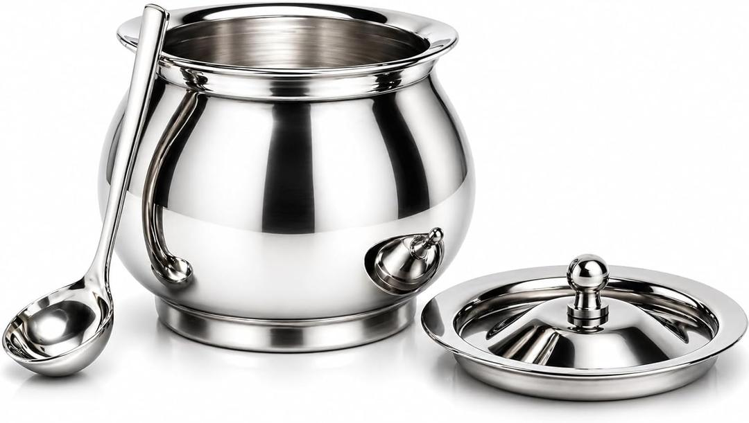 Stainless Steel Ghee Pot With Lid & Spoon – Multipurpose Kitchen Container for Oil, Sugar, Salt, Seasonings, Spices, Pickle, Condiments Bowl – Durable, Rustproof, Easy Clean Storage Jar, 350 ML, 7 Oz