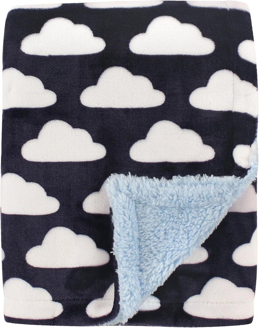 Hudson Baby Unisex Baby Plush Mink and Sherpa Blanket, Navy Clouds, One Size