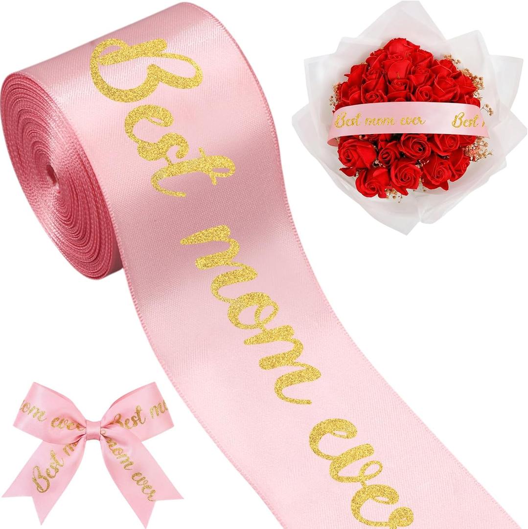Zeyune 10 Yards 2 Inch Happy Mother's Day Ribbon for Bouquet Glitter Pink Mom Ribbon Wide Craft Hair Bow Wreath Crafts Gift Wrapping Flower Anniversary Wedding Decor Birthday Party Supply