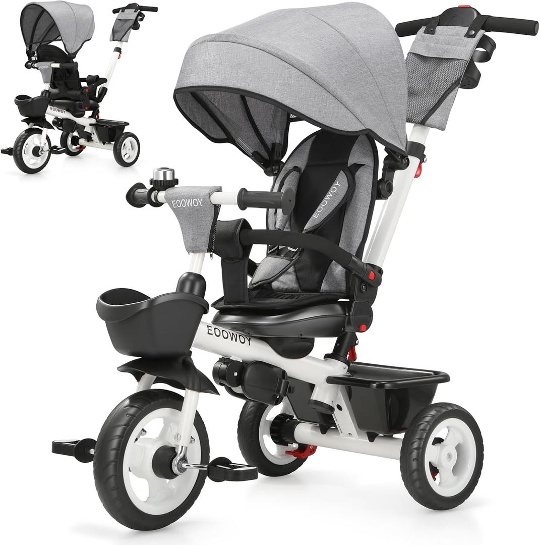 EOOWOY Toddler Tricycle with Push Handle, 7 in 1 Stroller Trike with 360 Swivel Seat, Reclining Backrest, All-Terrain Wheels, Dual Brakes, Canopy & Storage, Gift for Kids 18 Months to 5 Years, Gray, Medium