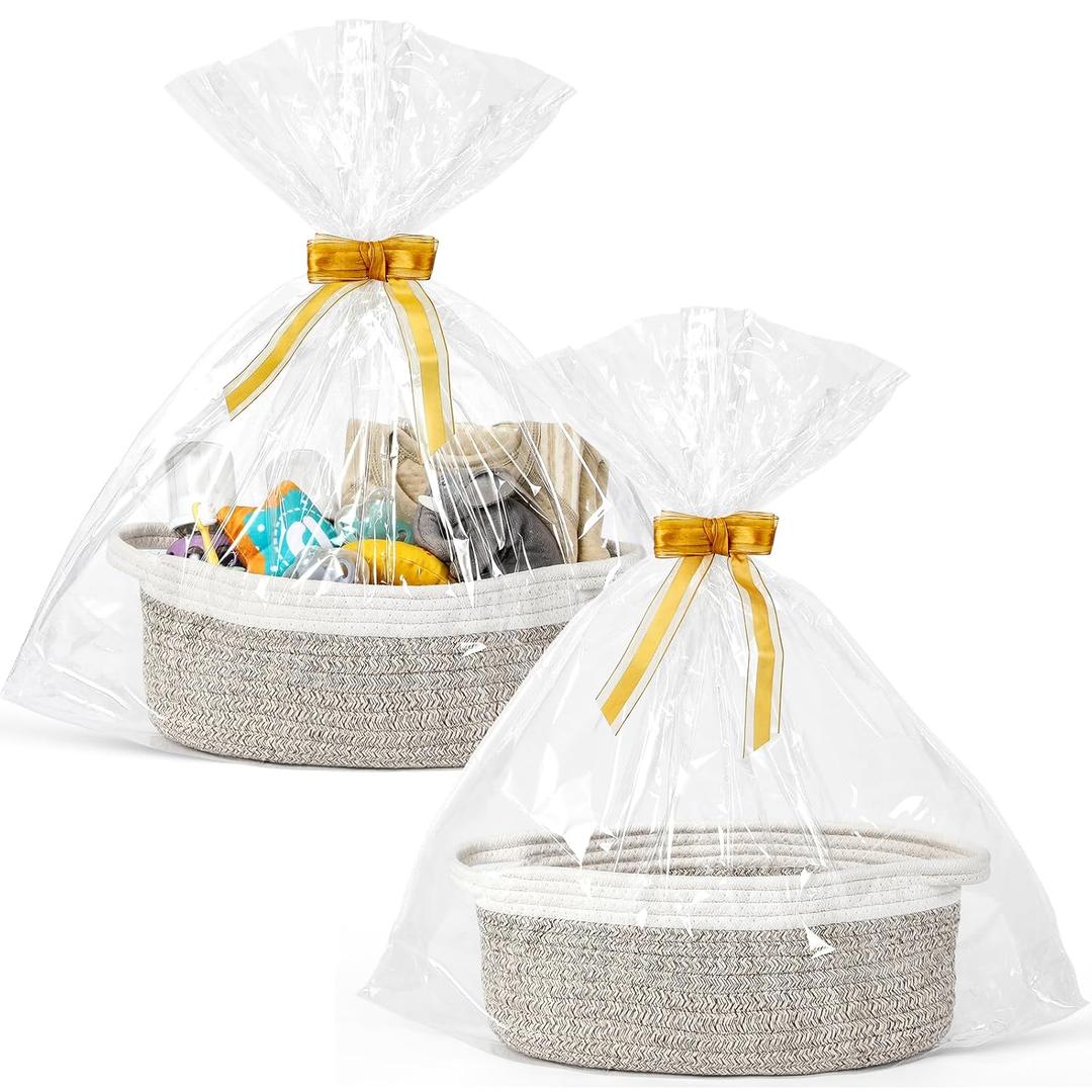 2 Pack Small Woven Basket with Gift Bags and Ribbons, Empty Decorative Gift Chest Box, Cute Baby Gift Basket for Nursery, Cotton Rope Room Shelf Storage Basket with Handles, All 12"x 8"x 5",Brown