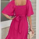Dokotoo Women's Wrap V Neck Short Flared Sleeve Wedding Guest Dress Smocked Elastic Waist Tiered Belted Ruffle Hem Mini Dress (Pink, M)