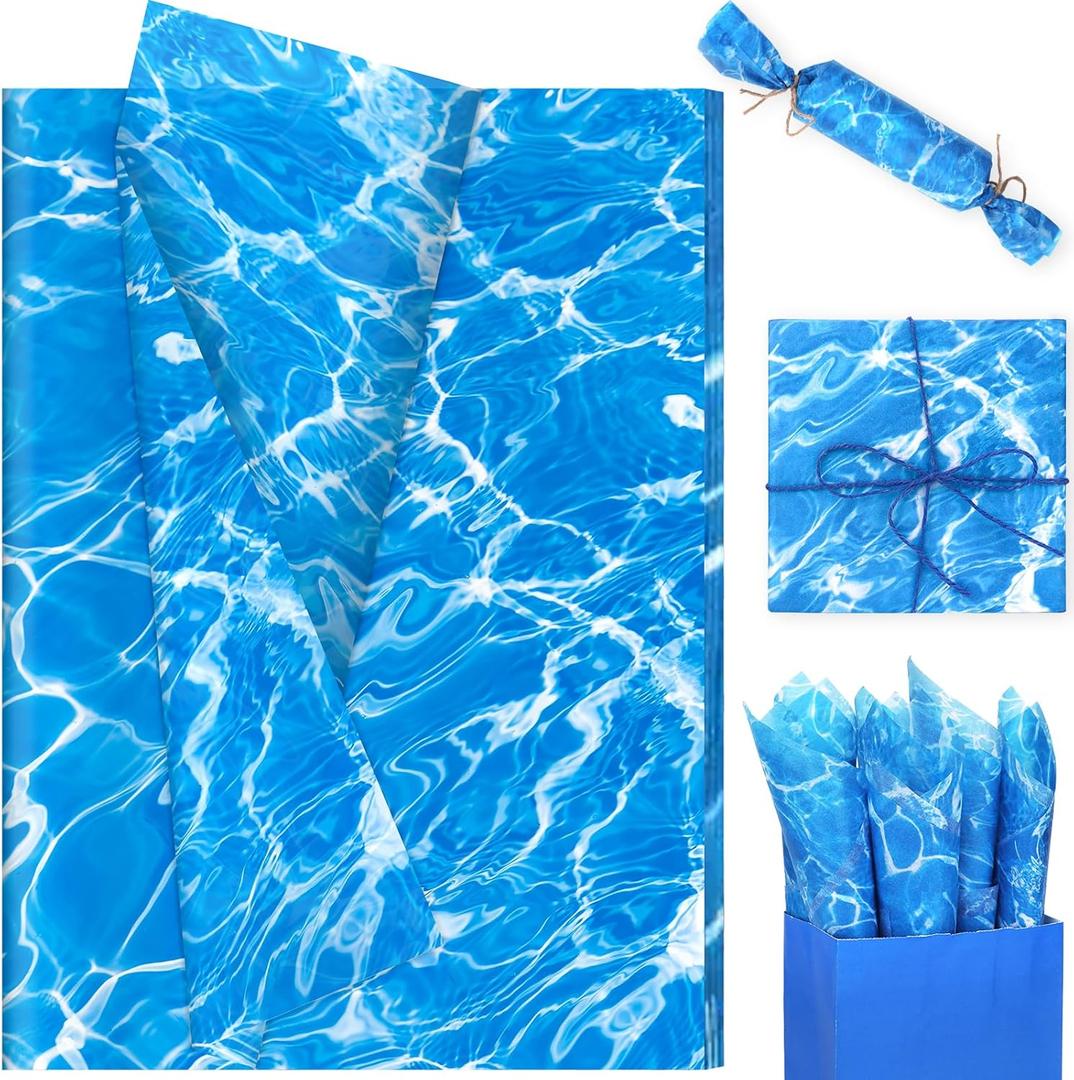 100 Sheets Ocean Waves Tissue Paper, 20 x 14'' Ocean Wavy Print Wrapping Tissue Seamless Waves Art Decorative Tissue for Beach Pool Birthday Summer Ocean Theme Party Supplies