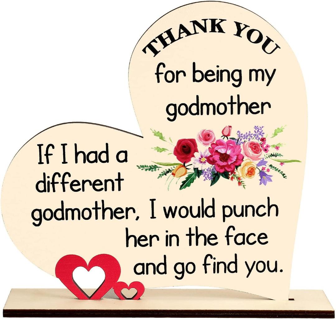 Yulejo 2 Pcs Godmother Gifts from Godchild Mothers Day Gifts Thank You for Being My Godmother Present Wooden Heart Keepsake Inspirational Idea for Birthday Mother's Day God Mom Xmas