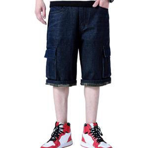 Yeokou Men's Loose Hip Hop Cropped Jeans Work Denim Shorts with Cargo Pockets (38, Blackblue)
