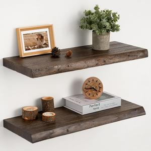 Floating Shelves Set of 2, Solid Elm Wood Wall Shelves 24 Inch - Invisible Bracket Mount for Living Room, Bedroom, Kitchen, Bathroom - Brown, Live Edge, 24"L, 2 Packs