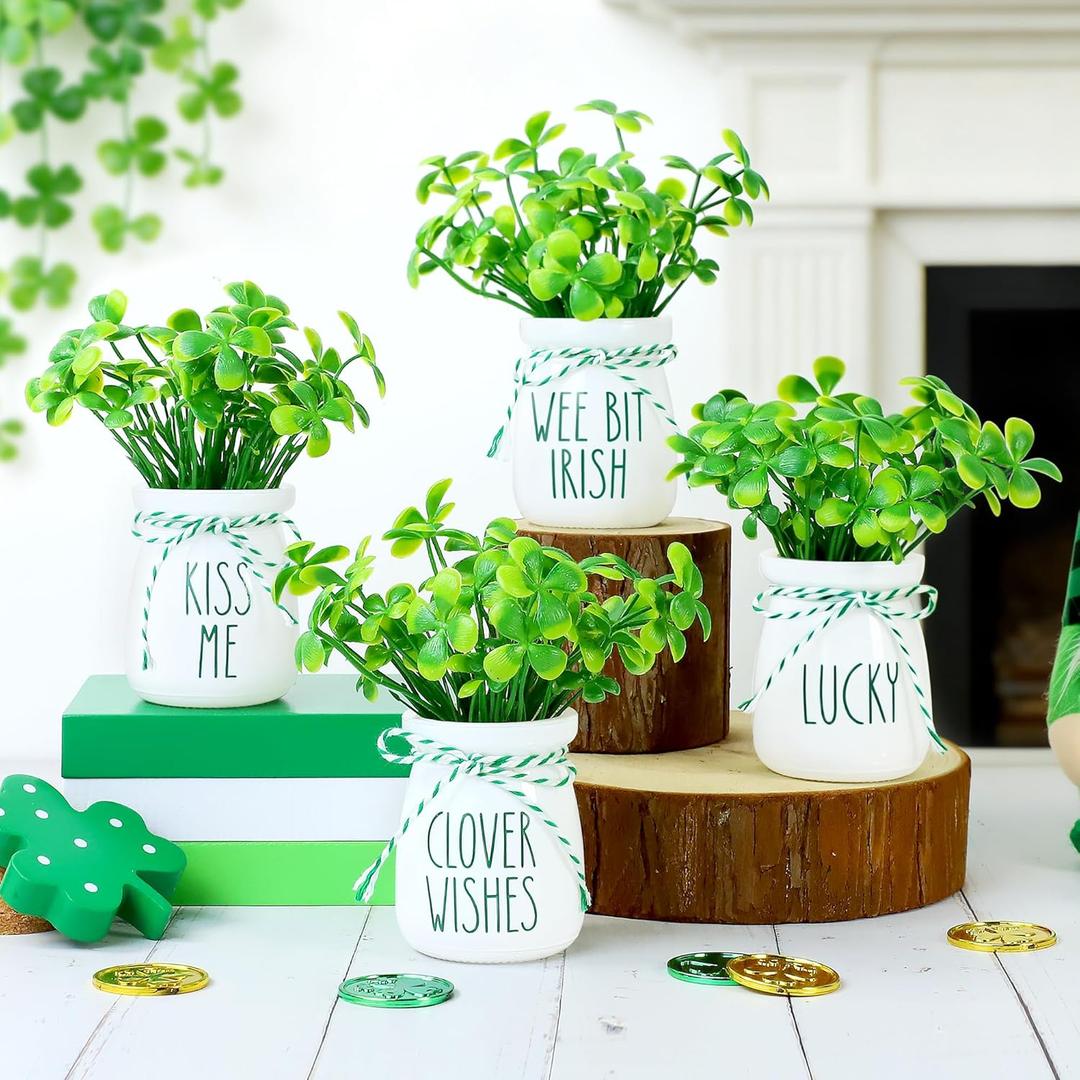 St. Patricks Day Decorations, 4 Pcs St.Patrick's Day Mini Mason Jars with Artificial Shamrock, White Glass Vases with Cork Lids for School, Home, Table Centerpiece Decor