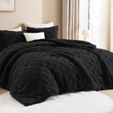 Litanika Fluffy Queen Size Comforter Set Black, 3 Pieces Warm Sherpa Fleece Winter Bedding Set, Jacquard Checkered Plush Fuzzy Blanket Bed Set(1 Comforter, 2 Pillowcases)