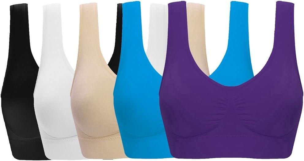 Women's Seamless Wire-Free Bra with Removable Pads (XX-Large, 5 Pack: Black White Nude Blue Purple)